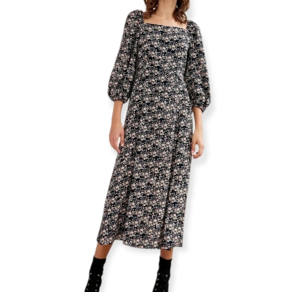Sanctuary square neck black Floral boho smocked long sleeves midi slit dress